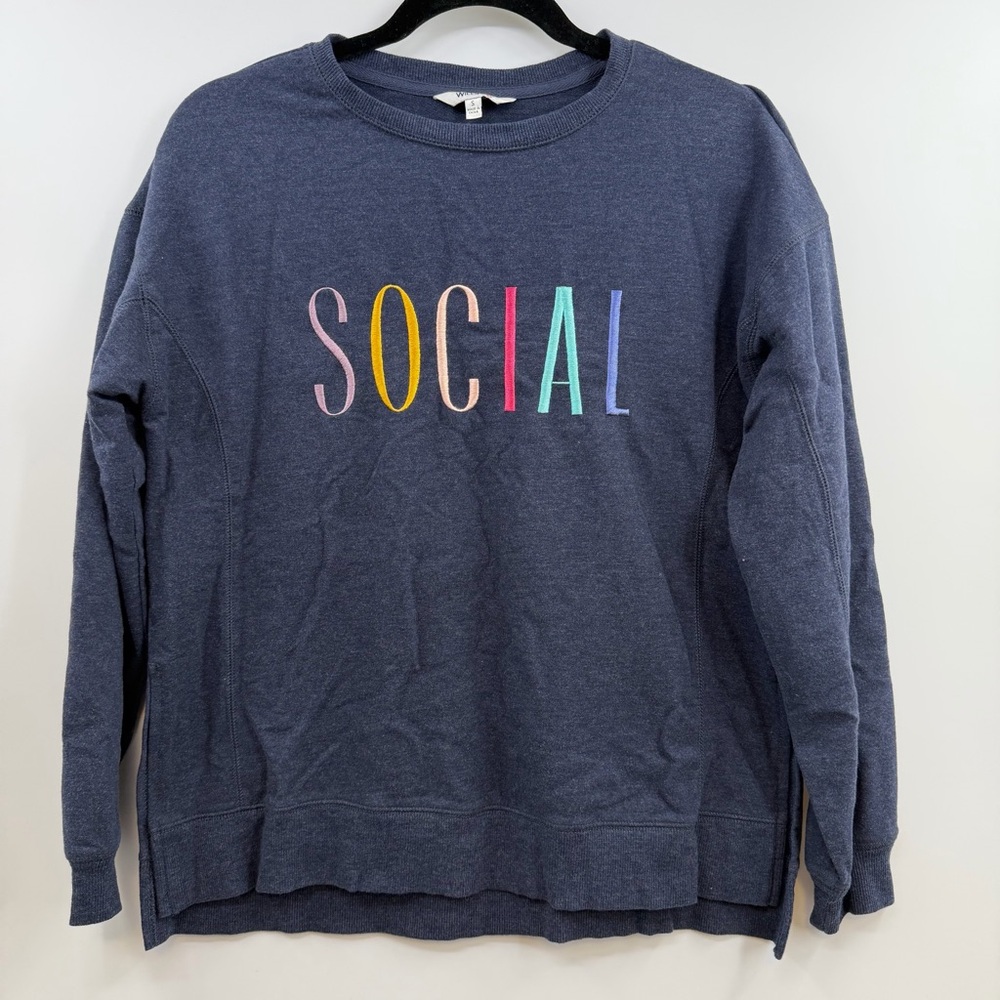 Wildfox Social Sweatshirt Womens S Navy Rainbow Embroidered French Terry